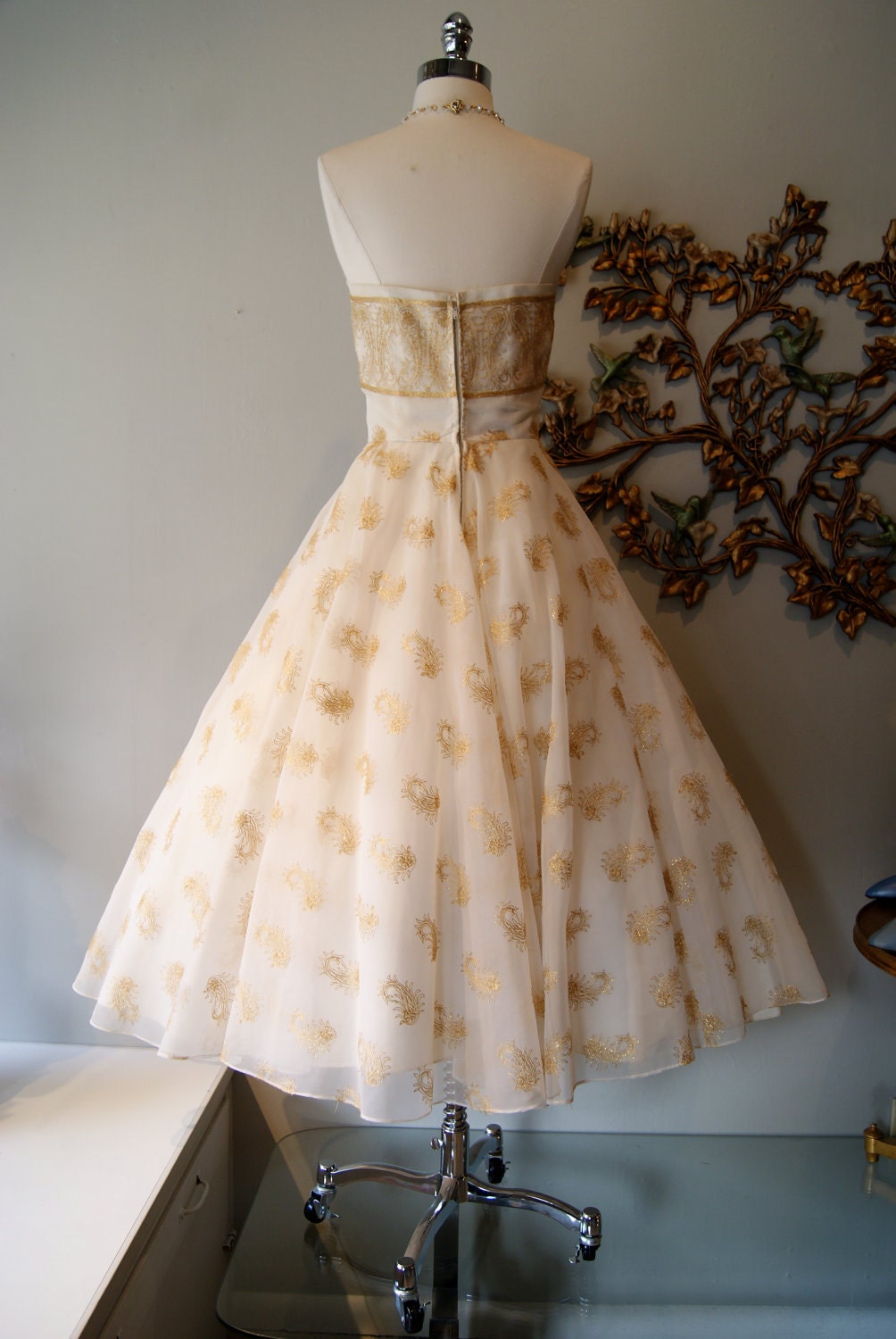 Wedding Dress / 1950s Dress / Vintage 50s White and Gold Wedding Dress by Emma Domb / Party Dress / Prom Dress /  Size S