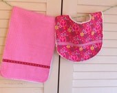 Baby Girl GIFT SET - SALE on Minky and Cotton Blanket, Bib & Burp Cloth. Peace Bright Pink. Great Baby Shower Gift Set