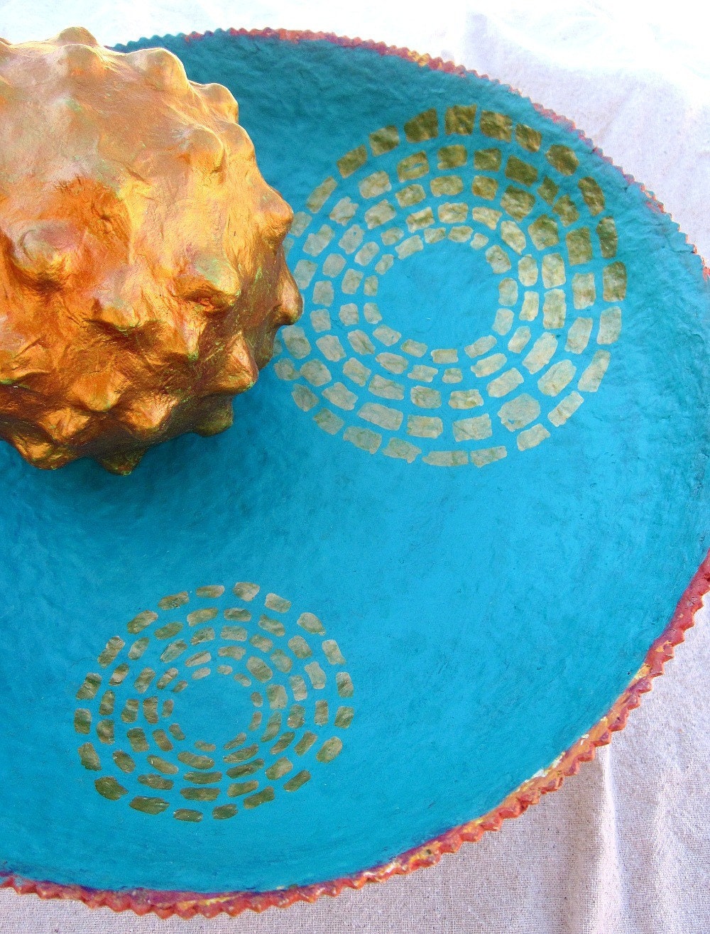 Paper Mache Bowl: Handmade Turquoise Blue Papier Mache Pedestal, Sun Spots