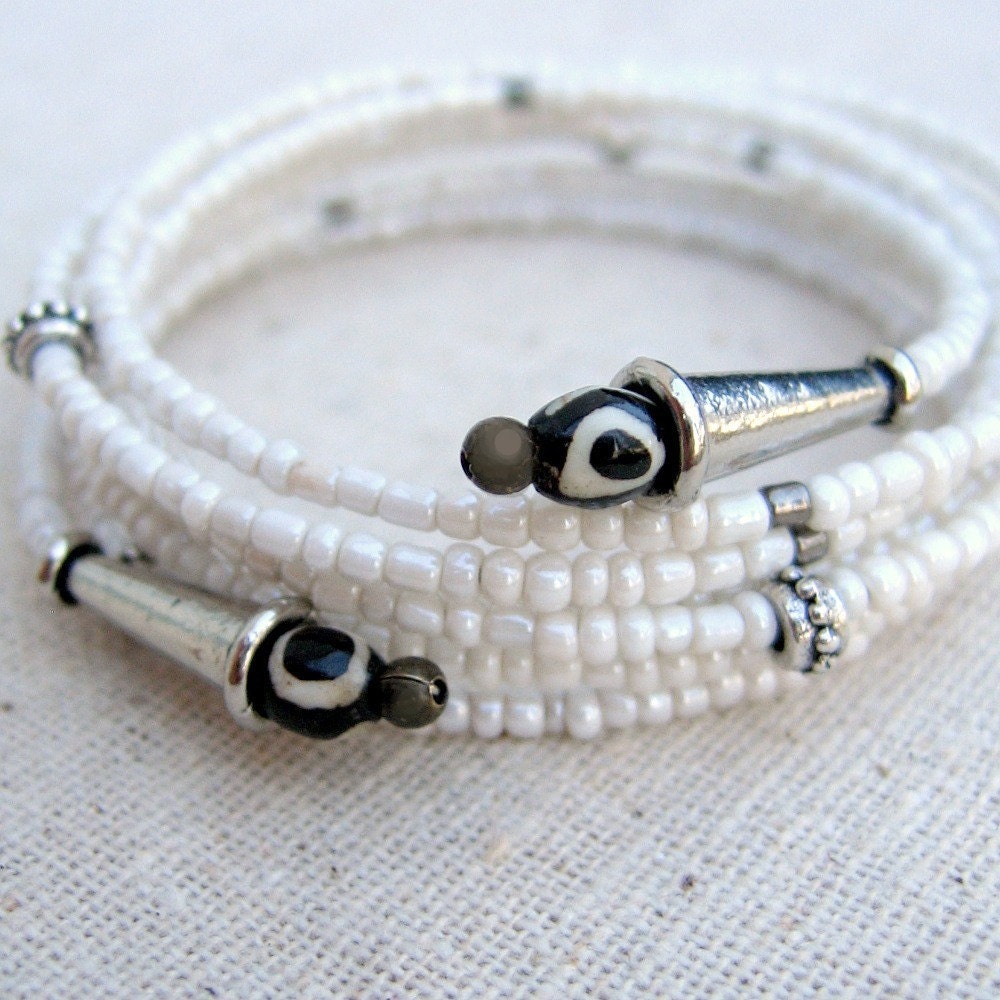 Memory Wire Bracelet: Adjustable White Beaded Memory Wire Cuff, Serif