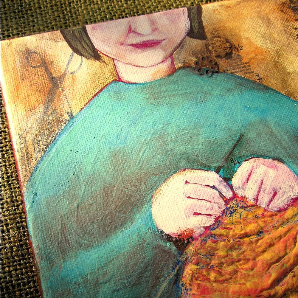 Woman Knitting Painting, 8x10 Original Acrylic and Papier Mache Mixed Media Relief on Canvas: Muse No.2