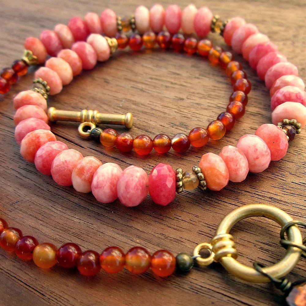 Necklace: Peach Jade Carnelian and Pearl Beaded Front Clasp, Palm Beach WAS 30.00