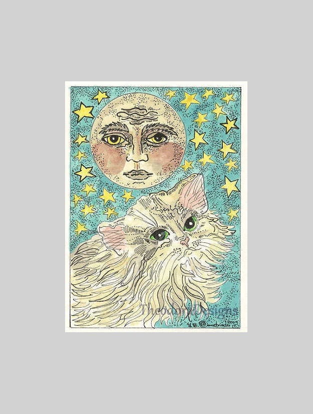 Kitty Cat Moon Stars ACEO Original Signed Limited Edition by Theodora