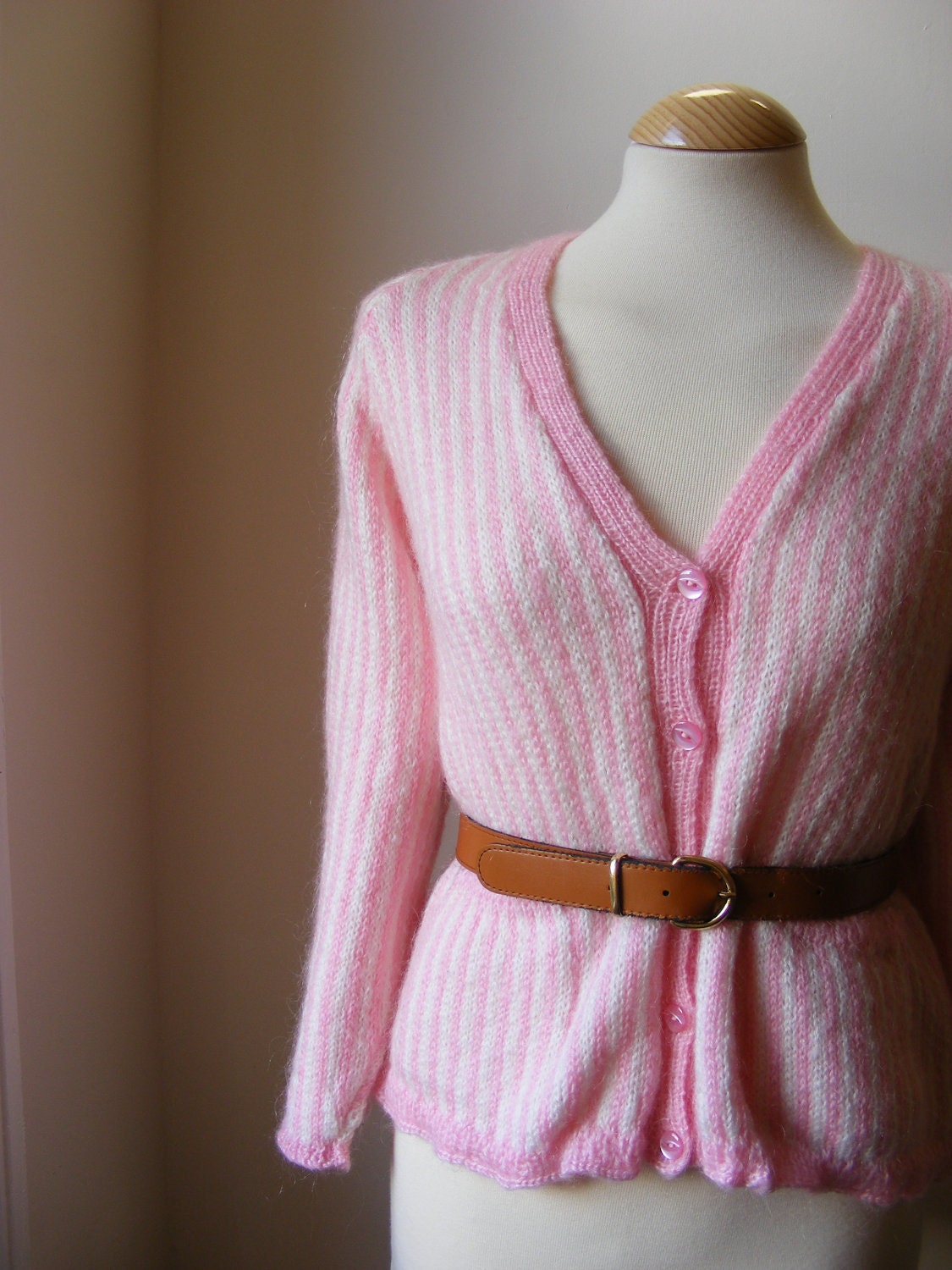 Beautiful Sugar Pink and White Boho Vintage Soft Stripe Cardigan Candy Stripe (Med) Can Fit Many Sizes..Bohemian Whimsical Spring Knitwear