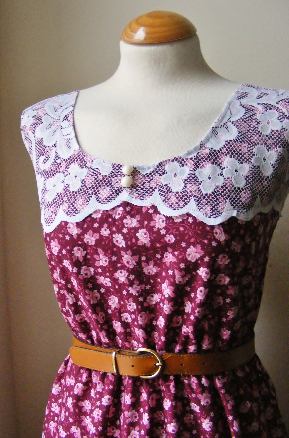 Jennifer Lilly Handmade Vintage Inspired Burgandy Rose Antique Lace Detail Dress // Boho Whimsical Tea Party Bohemian Cotton Rose Dress (M)
