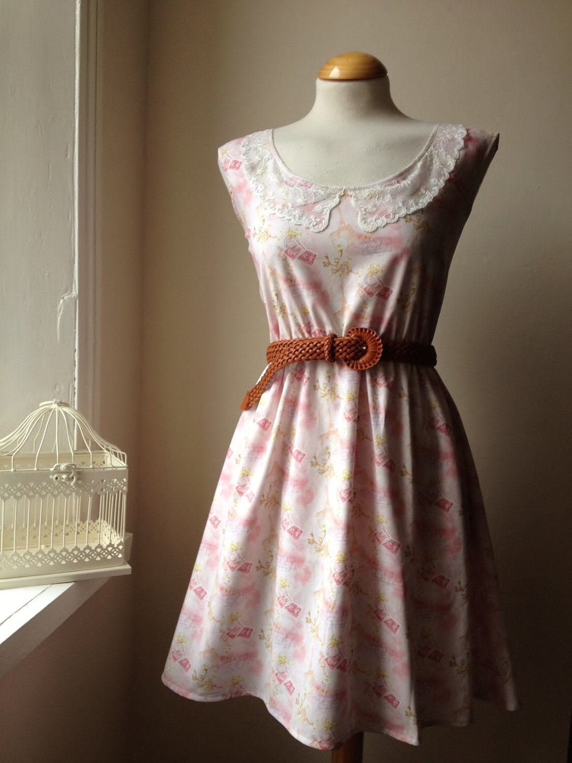 Jennifer Lilly Handmade Beautiful Romantic Paris Eiffel Tower Lace Collar Dress // Boho Spring Whimsical Peter Pan Dress (L,XL)