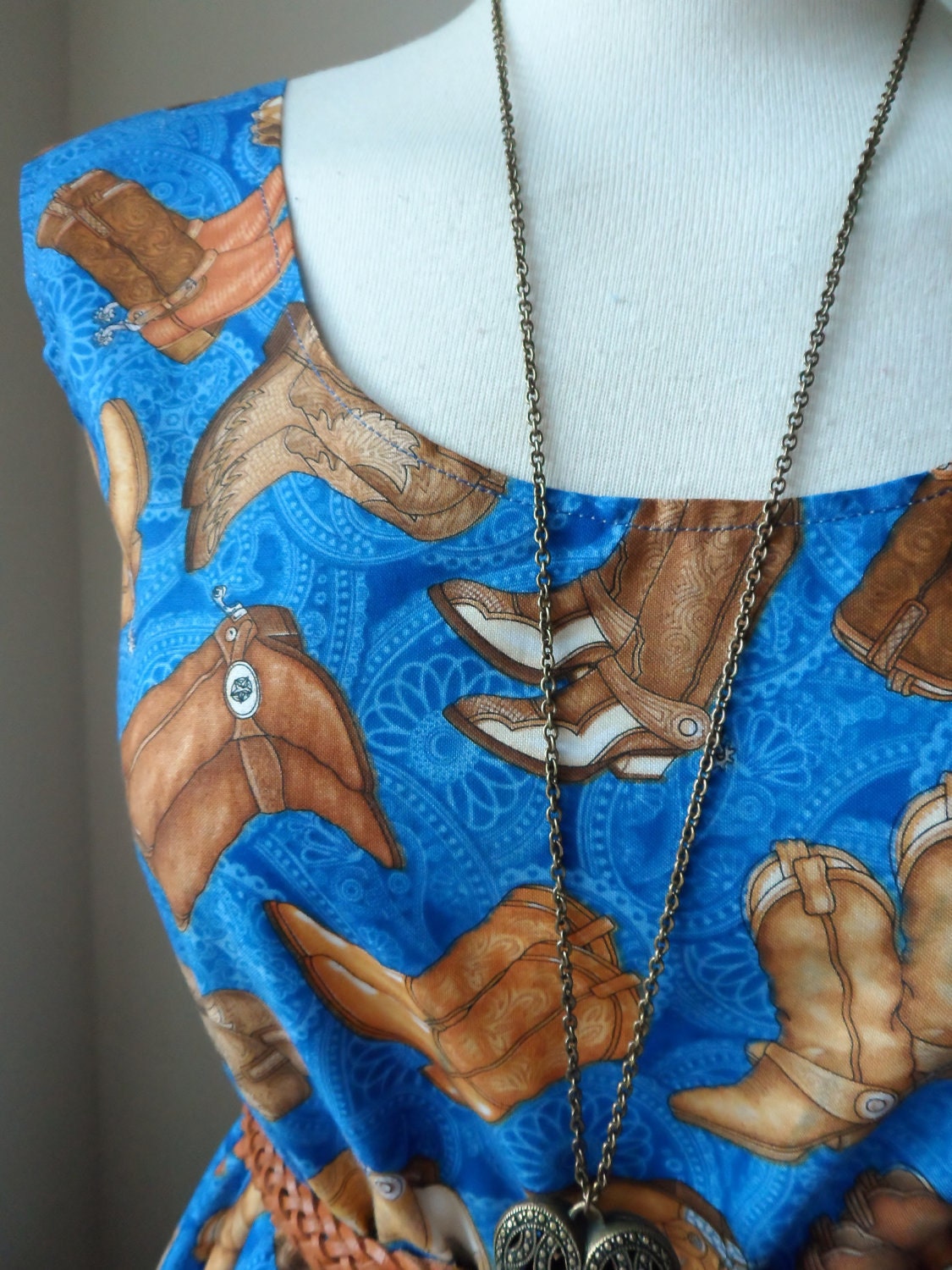 Reserved for Sarah Boardman Blue Cowboy Boot Dress Browns // Boho Whimsical Woodland Bohemian Romantic Tea Party Dress (M)