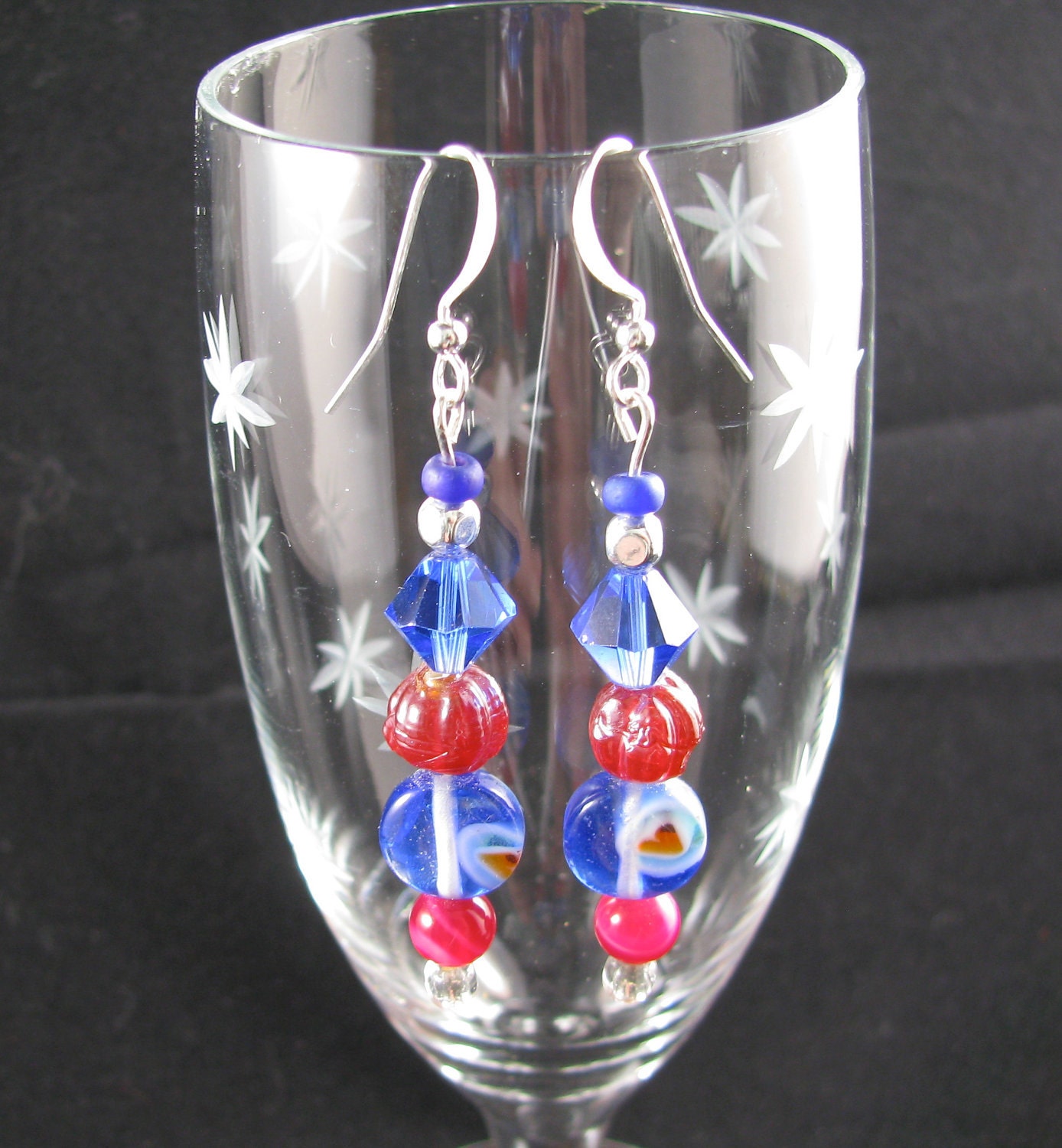 Royal Blue Foiled glass w red heart and red fluted bead earrings on sterling wire