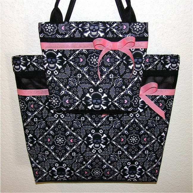 Small skull purse, pink hearts black white, tote bag
