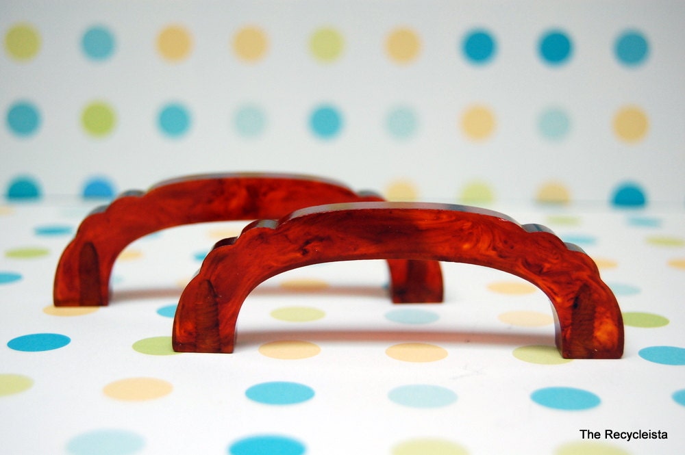 Vintage Art Deco Bakelite Drawer Pulls Handles Set of 2 Amber Faux Tortoise Shell