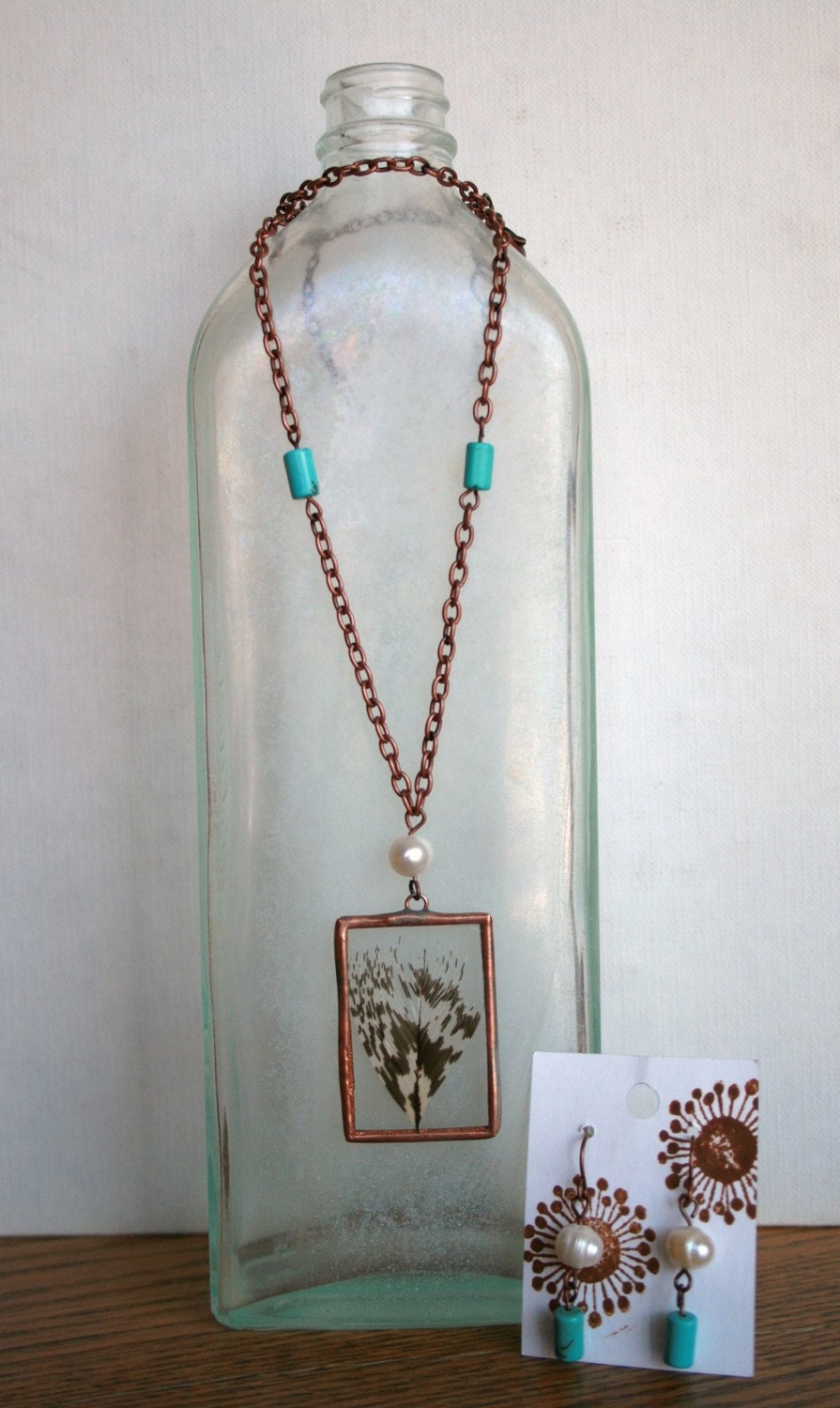 Feather Soldered Pendant / Copper Chain / Fresh Water Pearl / Turquoise Beads Necklace / Matching Earrings