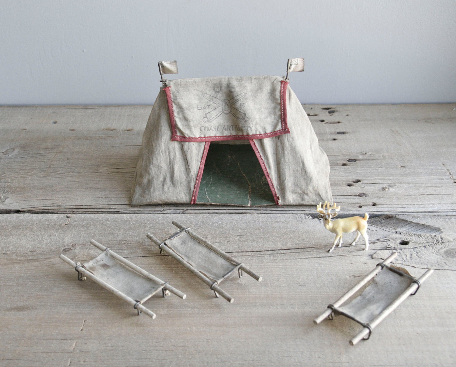 antique toy army tent & cots