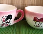ON SALE, Vintage, 1950s, Mad men era, Mom and Dad Soup Cups Bowls, looks like,california pottery,cleminson, ,Handpainted,50s pink,Gift