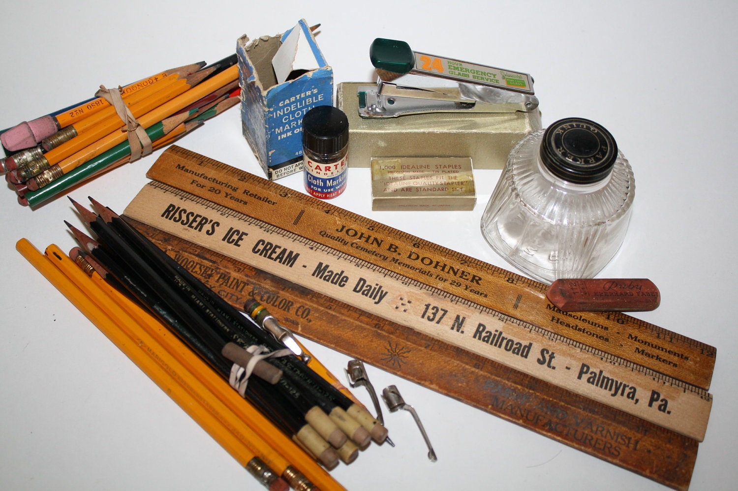 Vintage 1950 to 60s office & school supplies lot, pencils,rulers, paint box,advertising,number 2,stapler,eraser, pocket clips,Mad Men Era