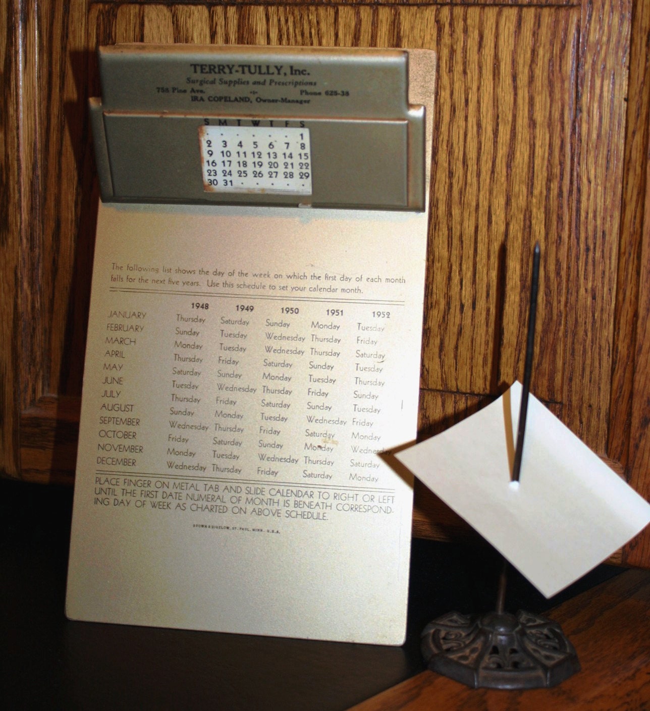 SALE was 40 now 30 bucks,1948-1952 clipboard calendar & cast iron bill spindle,calendar,Gift for person born 48-52,Office Supplies
