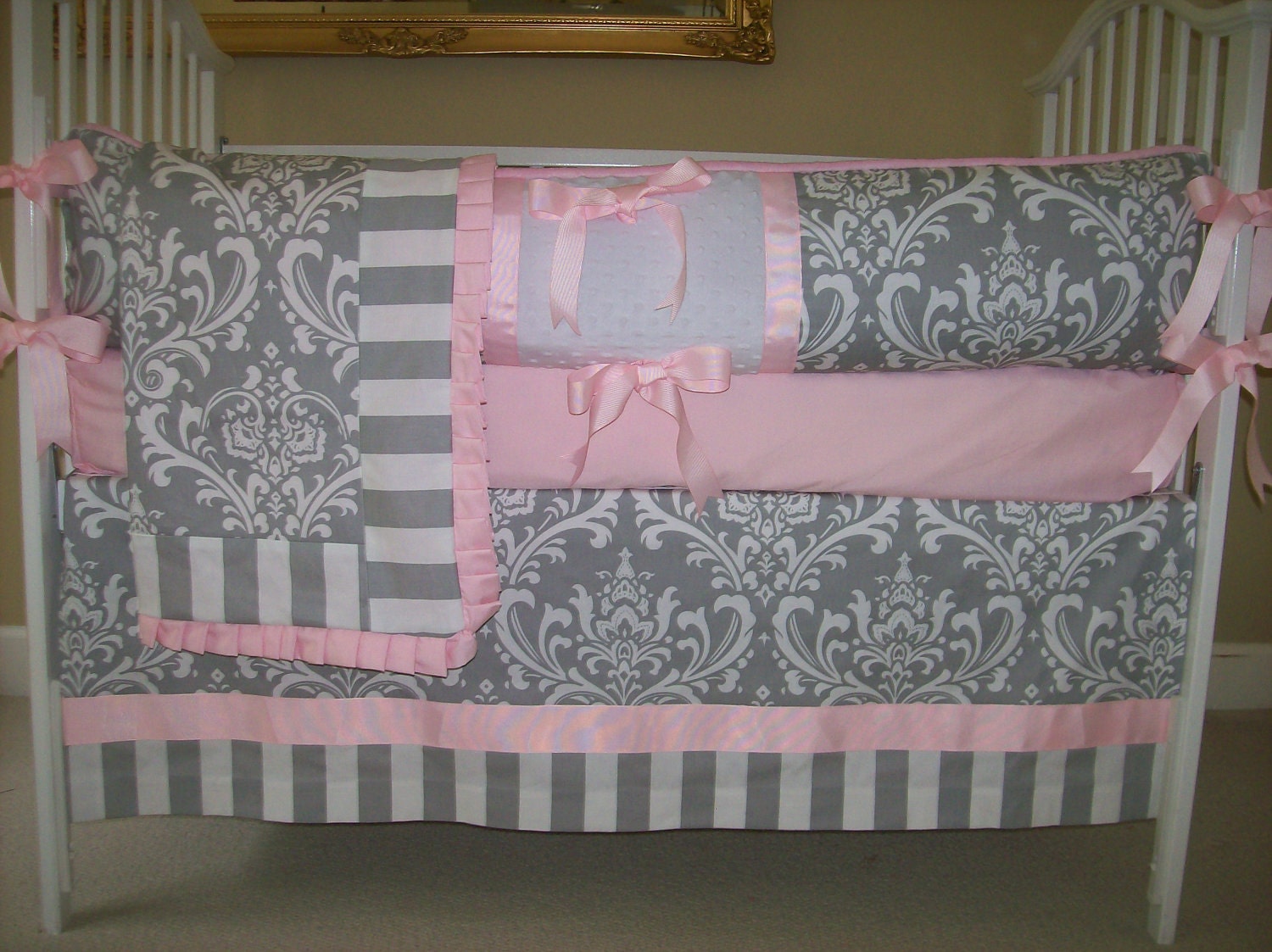 Grey and Pink  Baby Bedding Set