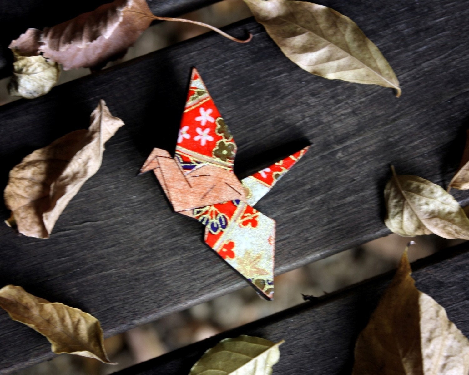 Japanese Origami Crane Wooden Brooch