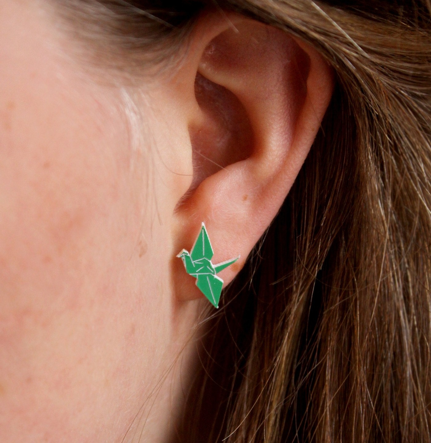 Green Origami Crane Stud Earrings