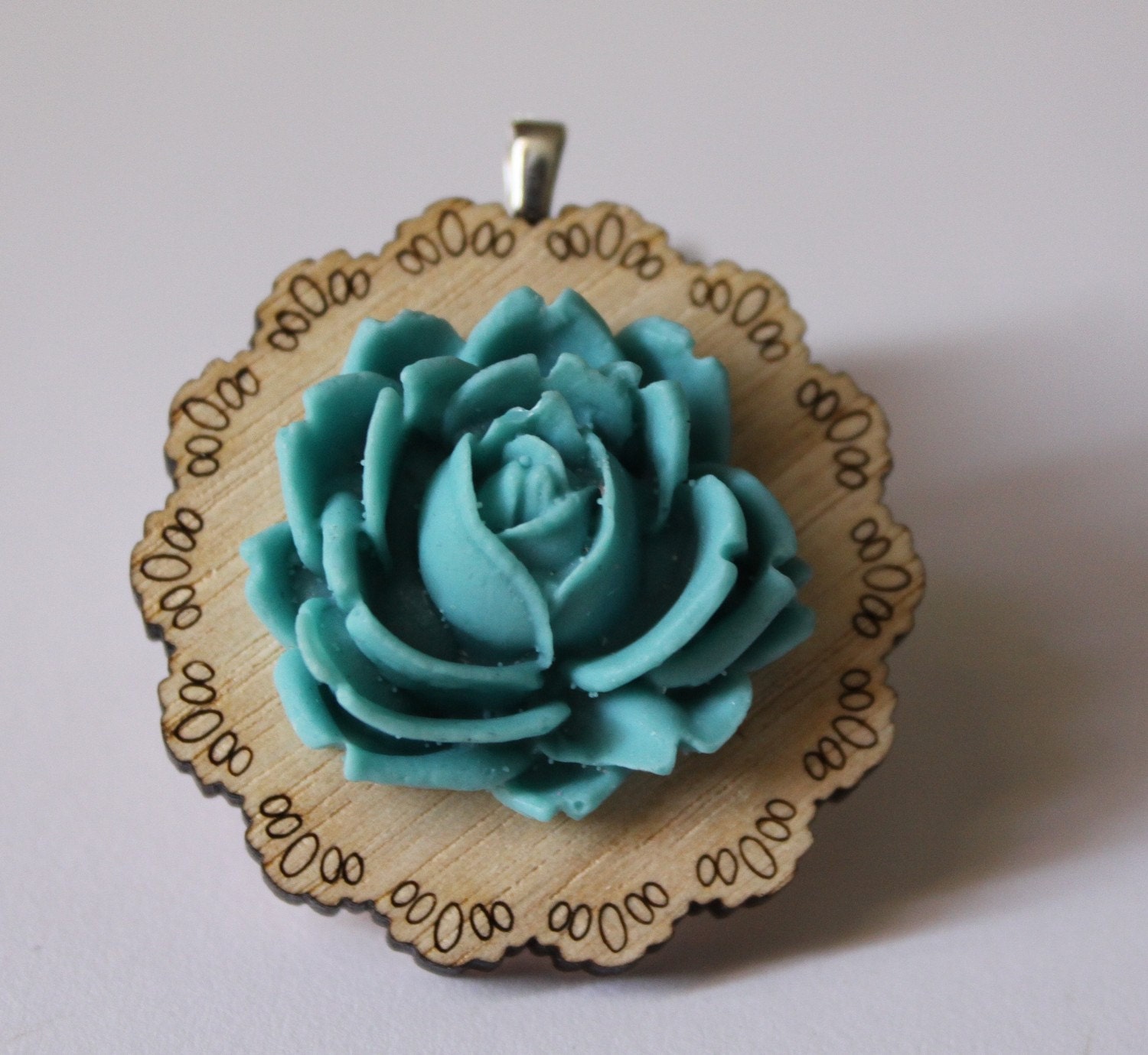 Turquoise Blue Rose Wooden Doily Necklace