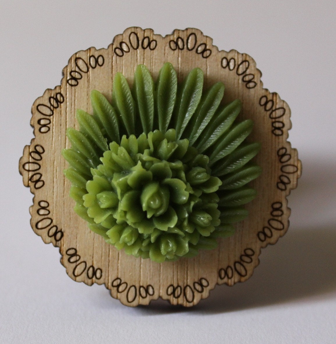 Green Floral Wooden Doily Brooch