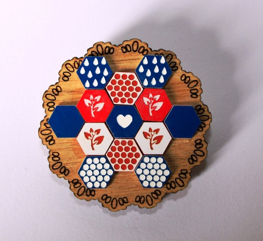 Patchwork Doily Brooch - red, blue and white