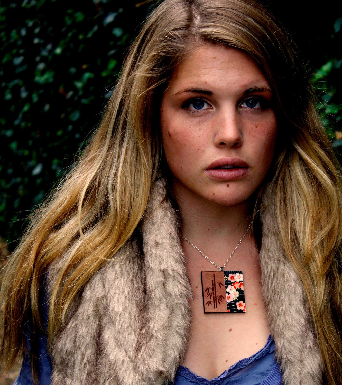 Wooden Japanese Floral Bamboo Necklace - "Bamboo and Blossoms Necklace"