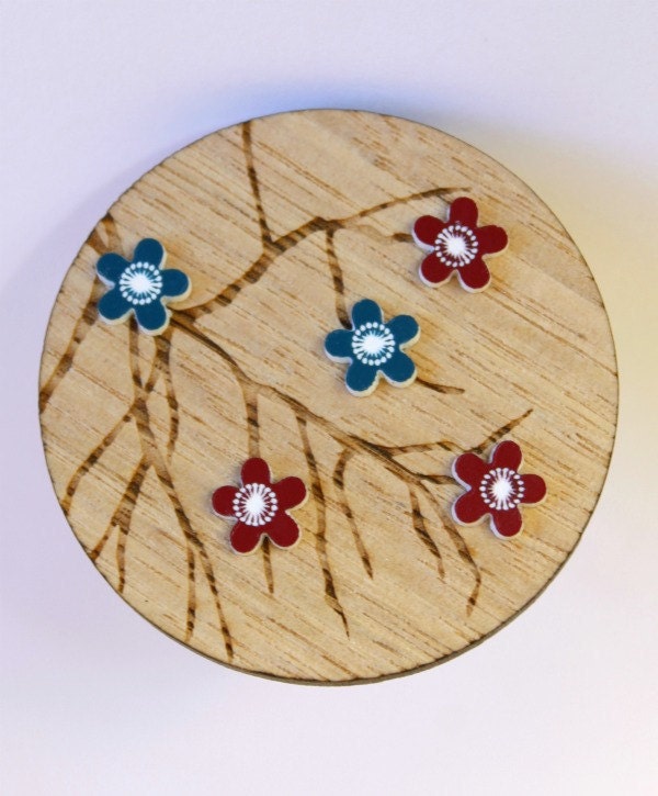Wooden Teal and Maroon Flower Tree Brooch