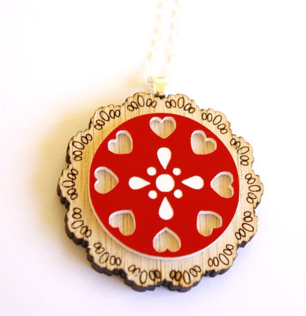 Red and Hearts Wooden Doily Necklace