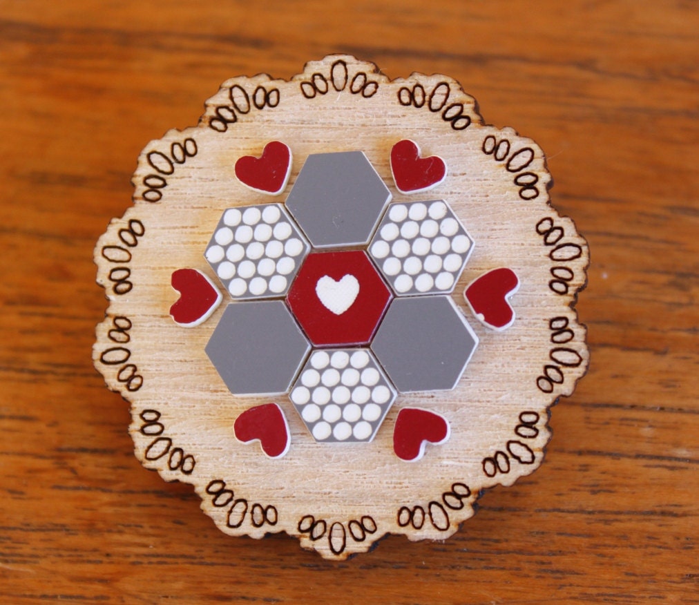 Grey and Maroon Patchwork Wooden Doily Brooch