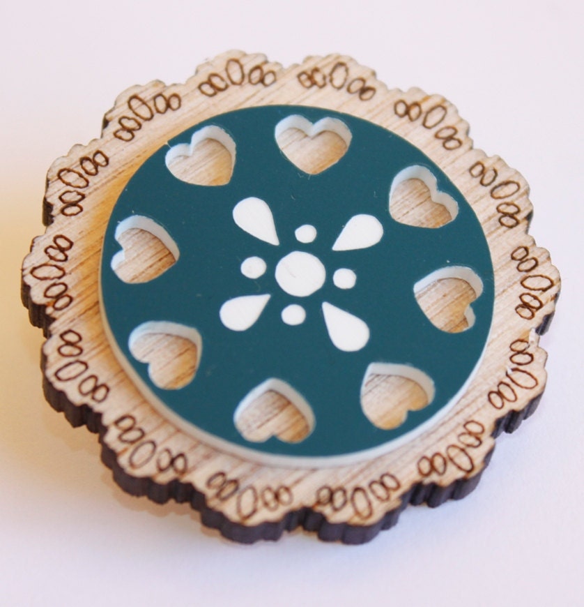 Teal and Hearts Wooden Doily Brooch