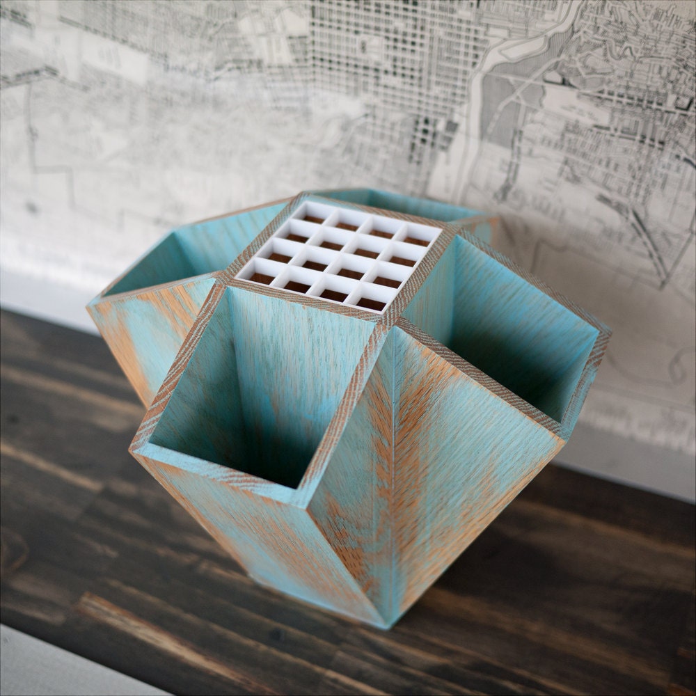 20 Section Oak Utensil Holder with Antiqued "Winter Sky" Finish