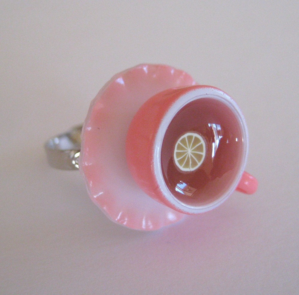 Mini Cup of Tea with Lemon in a Pink Teacup Adjustable Ring