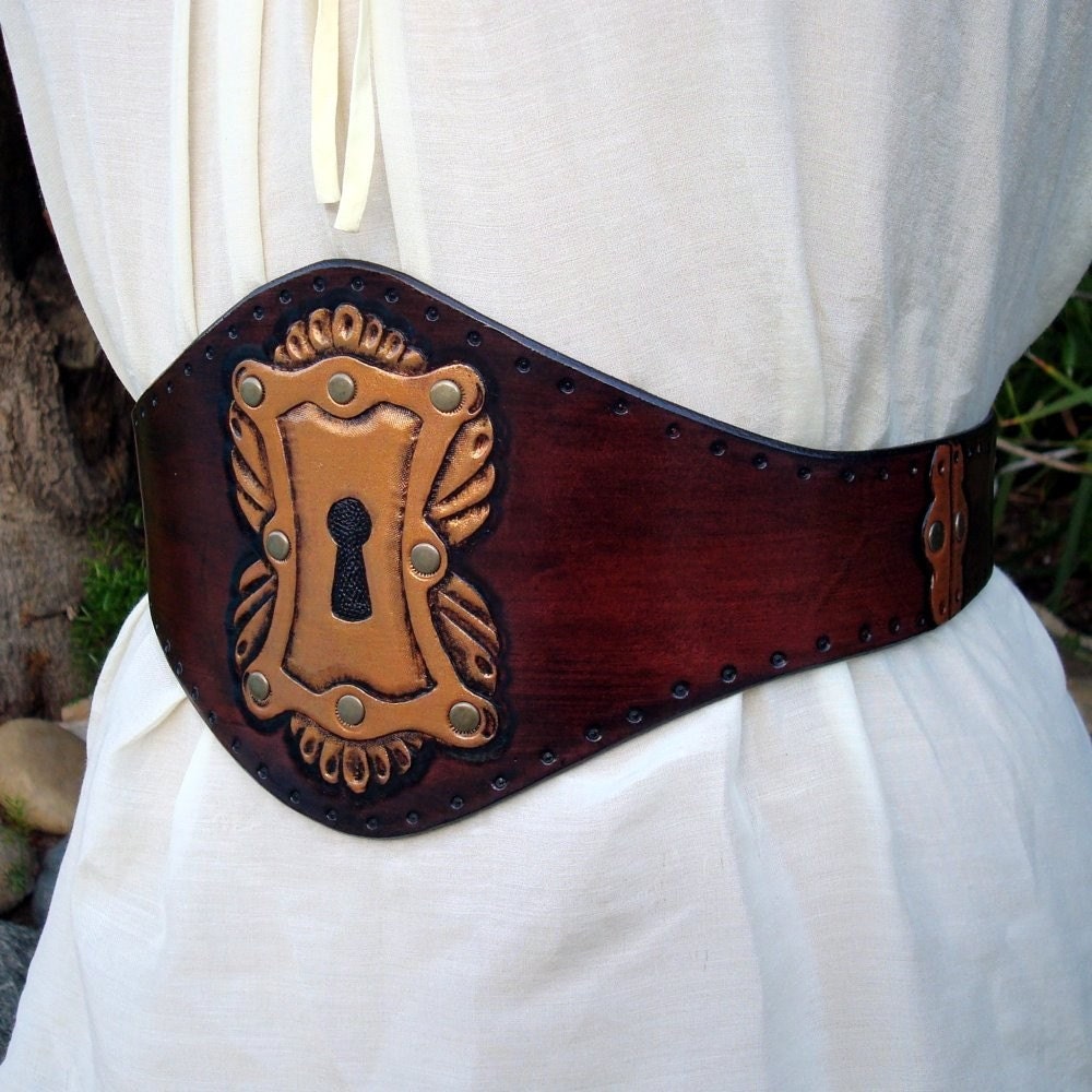 The Keyhole  Wide Hand Tooled Brown Leather Escutcheon Belt