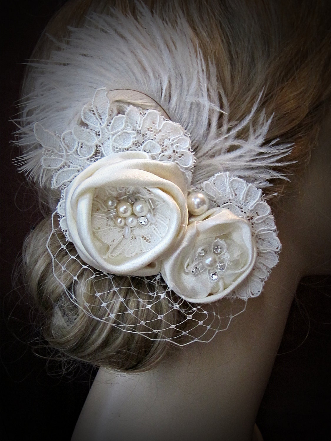Bridal Fascinator Head Piece, Feathers Fascinator, Birdcage Veil  Ivory, wedding headpiece
