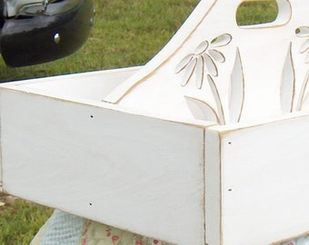 White Wooden Daisy Garden Basket/Caddy with Distressed Finish