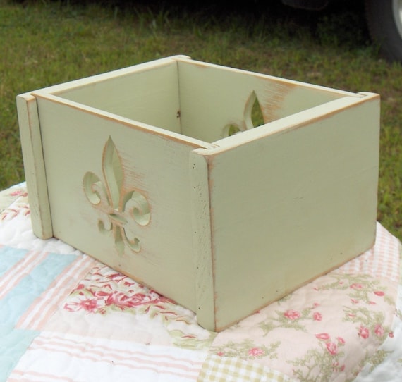 Small Sage Green Distressed Decorative Fleur de Lis Wooden Box