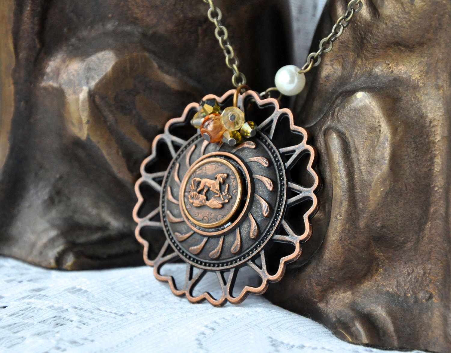 Antique Dog Button Necklace - Autumn Copper
