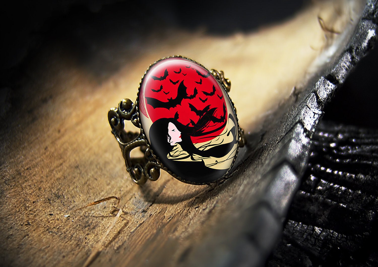 Gothic Art Nouveau Asian Girl and Bats Adjustable Bronze Ring 119-AR