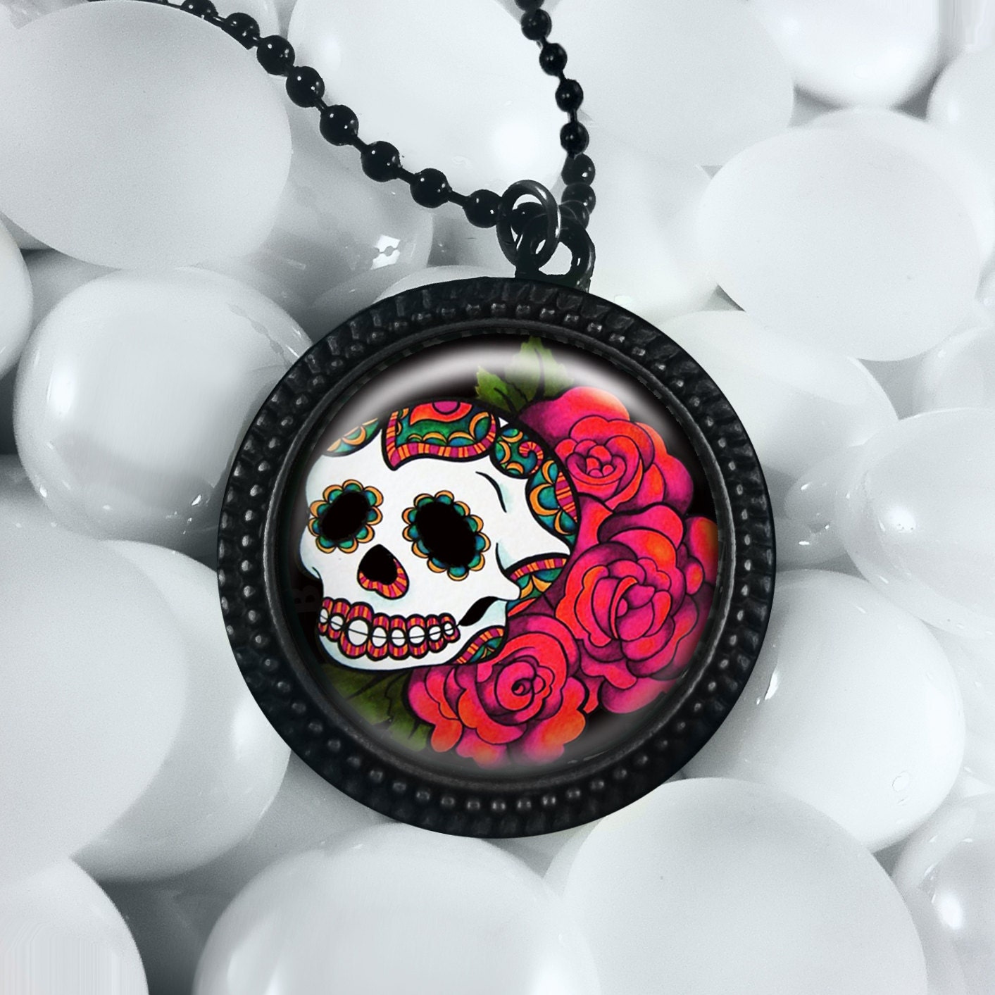Day of the Dead Sugar Skull Black Pendant Necklace 531-RFB