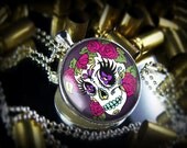 Large Dia De Los Muertos Day of the Dead Girl Sugar Skull Silver Necklace 322-LRF