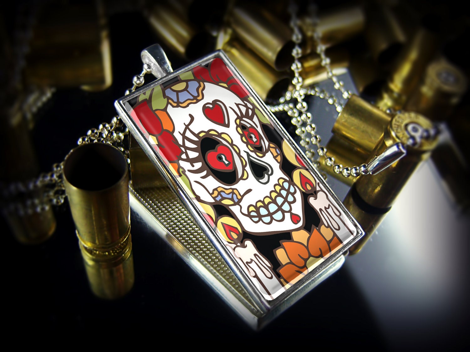 Dia De Los Muertos Day of the Dead Skull Sterling Silver Pendant Necklace 493-RCF