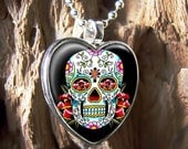 Dia De Los Muertos Day of the Dead Skull Sterling Silver Heart Necklace 65-HF