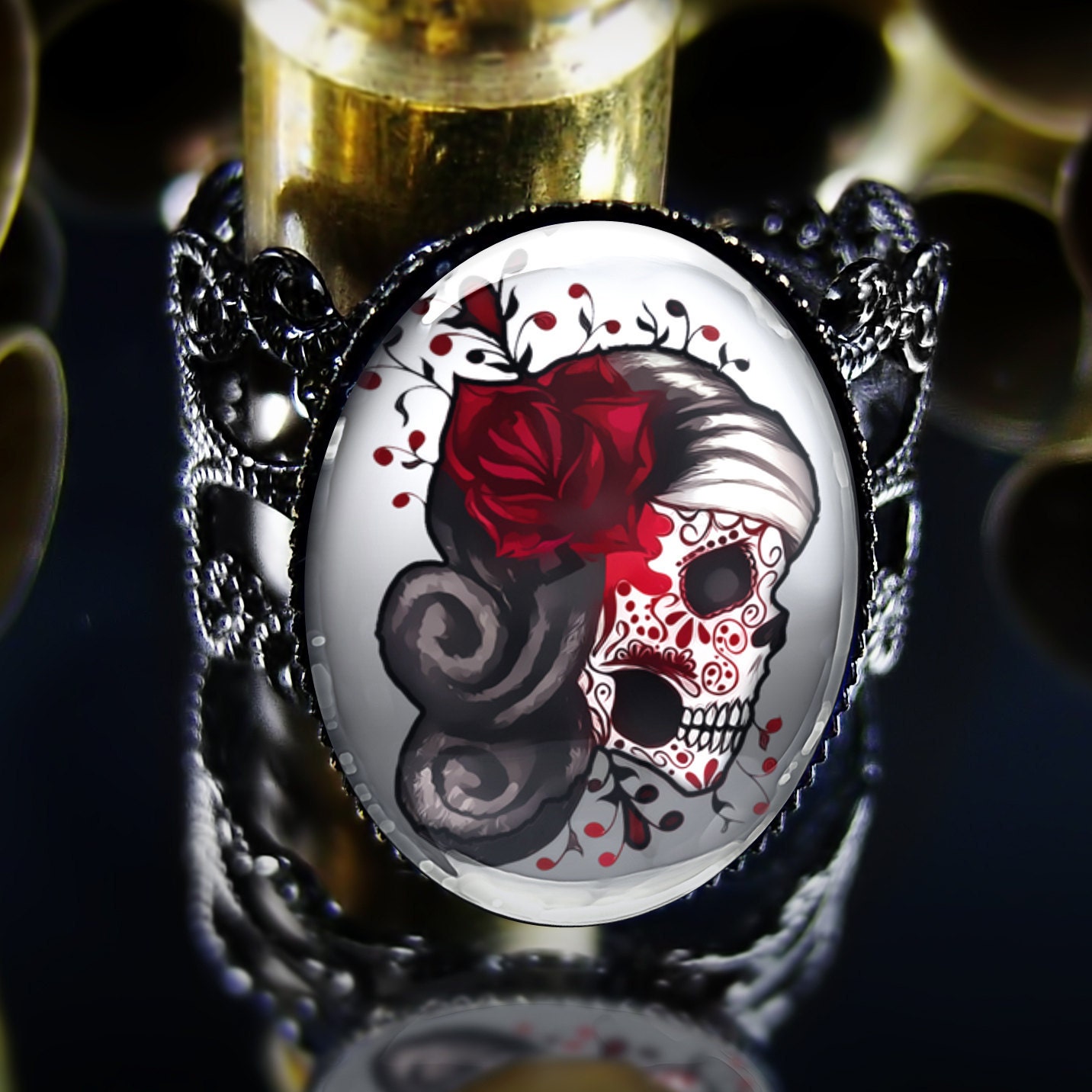 Day of the Dead Muertos Tattoo Skull Punk Adjustable Black Filigree Ring 438-ARB