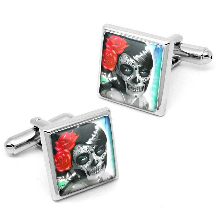 Day of the Dead Girl Dia De Los Muertos Sugar Skull Silver Cufflinks 74-CLS