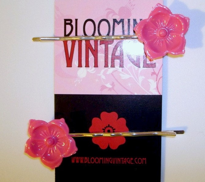 Pair of Hot Lipstick Pink Lucite Cherry Blossom Flowers Asian 1960s Vintage Style hair clip bobby pins
