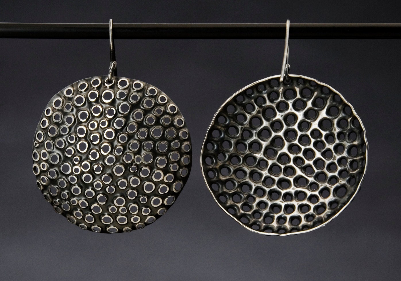 Large Round Sterling Silver Punched Hole Earrings, light and airy perforations