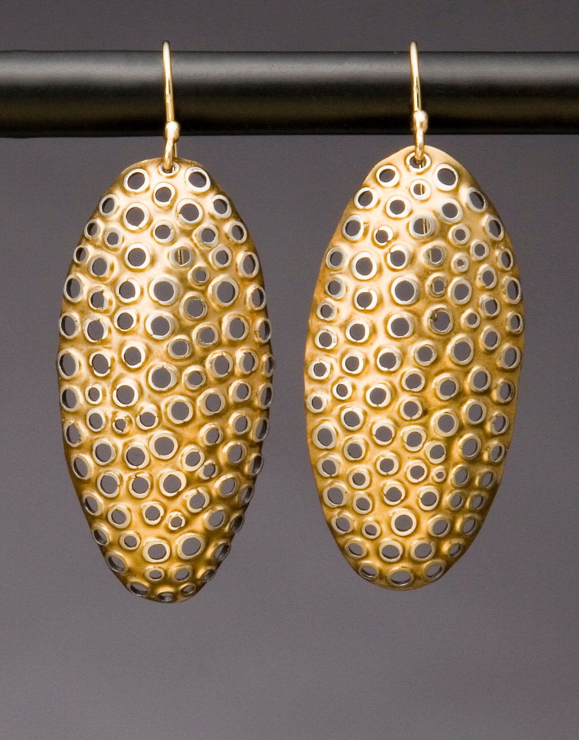 Hand Made 22k and Blackened Silver Punched Hole Earrings, Medium Oval