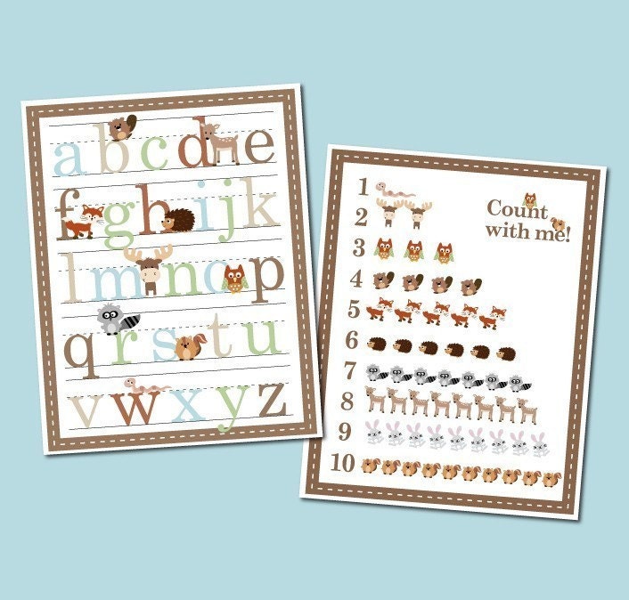 11x14 Woodland Forest Friends Alphabet and Number Counting Poster - Set of 2