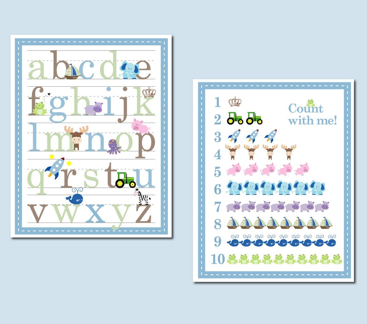 11x14 Boy Alphabet and Number Counting Poster - Set of 2
