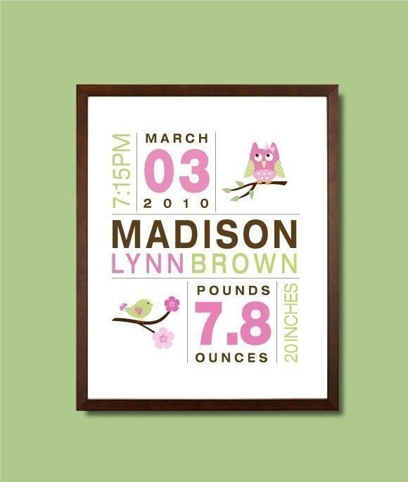8x10 Birth Print for Girls - Custom Nursery Art